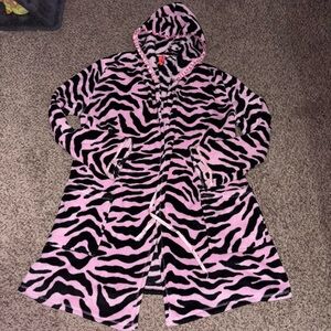 Pink and black Y2K zebra print robe with frilly ribbon accents